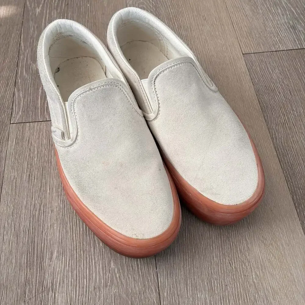 VANS White Suede Slip Ons Stackform Peach Rubber Women’s 7 Men’s 5 RARE EUC